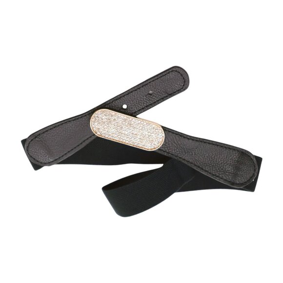 New Fun Women Black Stretch Waistband Fashion Belt Gold Oval Bling Buckle S M - Picture 3 of 17